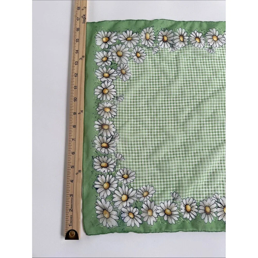 SMALL SQUARE DAISY GINGHAM SHEER SCARF GREEN YELLOW WHITE BANDANA  17
